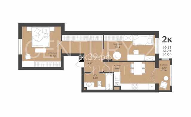 2-комнатная квартира 54.04 м² — Зеленоградск, имени гвардии рядового Андрея Арсентьева, дом 1, корпус 3 — фото 12