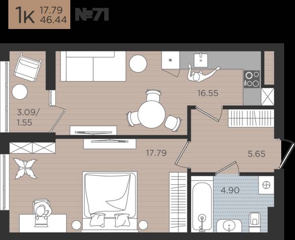 1-комнатная квартира 46,44 м² в ЖК Мой Город, Калининград — фото 1