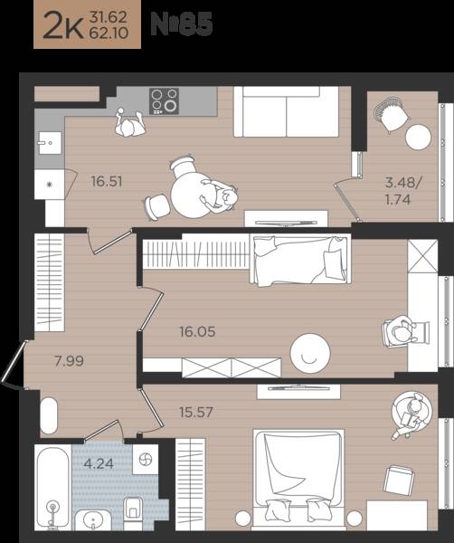 2-комнатная квартира 62,1 м² в ЖК Мой Город, Калининград — фото 1