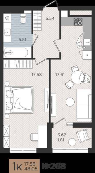 1-комнатная квартира 48,05 м² в ЖК Мой Город, Калининград — фото 1