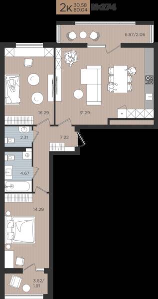 2-комнатная квартира 80,04 м² в ЖК Мой Город, Калининград — фото 1