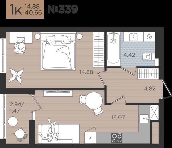 1-комнатная квартира 40,66 м² в ЖК Мой Город, Калининград — фото 1
