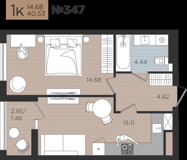 1-комнатная квартира 40,53 м² в ЖК Мой Город, Калининград — фото 1
