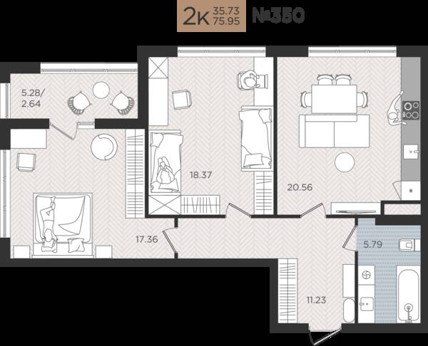2-комнатная квартира 75,95 м² в ЖК Мой Город, Калининград — фото 1