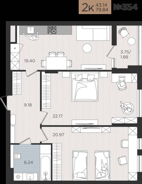 2-комнатная квартира 79,84 м² в ЖК Мой Город, Калининград — фото 1