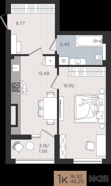 1-комнатная квартира 46,25 м² в ЖК Мой Город, Калининград — фото 1