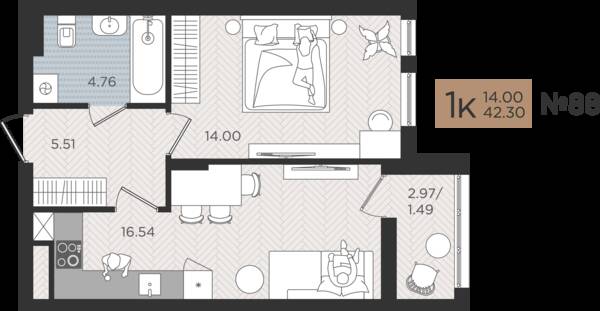 1-комнатная квартира 42,3 м² в ЖК Мой Город, Калининград — фото 1