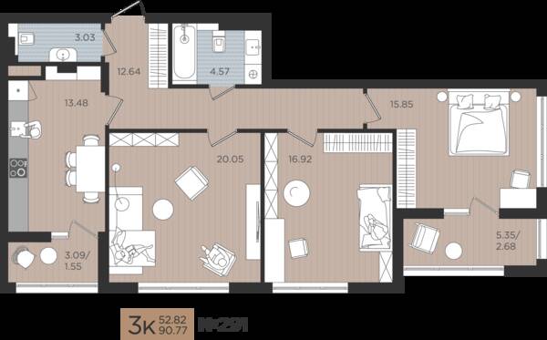 3-комнатная квартира 90,77 м² в ЖК Мой Город, Калининград — фото 1