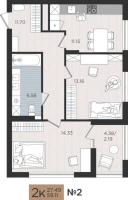 2-комнатная квартира 59,11 м² в ЖК Мой Город, Калининград — фото 1