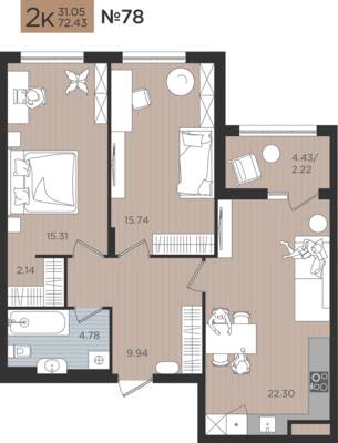 2-комнатная квартира 72,43 м² в ЖК Мой Город, Калининград — фото 1