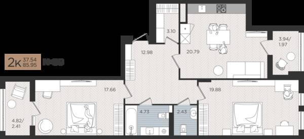 2-комнатная квартира 85,95 м² в ЖК Мой Город, Калининград — фото 1