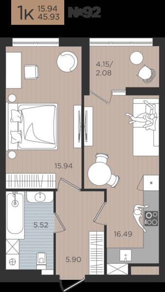 1-комнатная квартира 45,93 м² в ЖК Мой Город, Калининград — фото 1