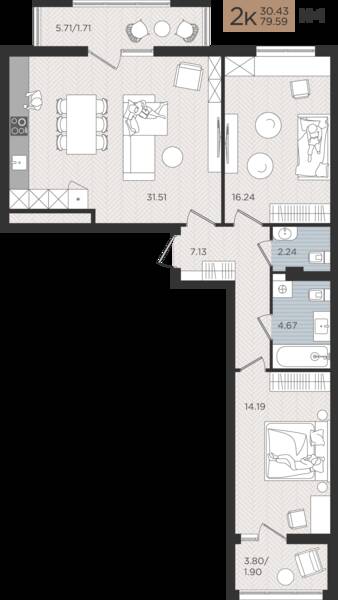 2-комнатная квартира 79,59 м² в ЖК Мой Город, Калининград — фото 1