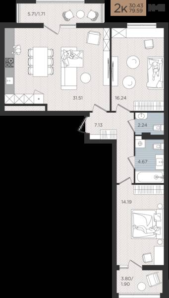 2-комнатная квартира 79,59 м² в ЖК Мой Город, Калининград — фото 1