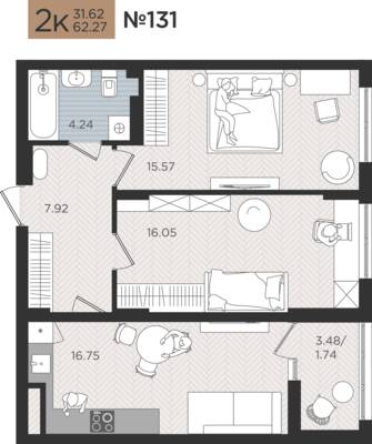 2-комнатная квартира 62,27 м² в ЖК Мой Город, Калининград — фото 1