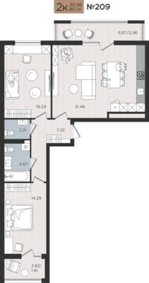 2-комнатная квартира 80,14 м² в ЖК Мой Город, Калининград — фото 1