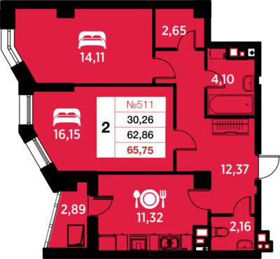2-комнатная квартира 65,75 м² в ЖК Огни Калининграда, Калининград — фото 1