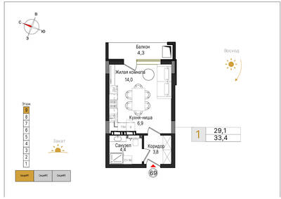 Студия квартира 33,4 м² в ЖК Теодор Кроне, Калининград — фото 1