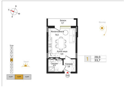 Студия квартира 33,7 м² в ЖК Теодор Кроне, Калининград — фото 1