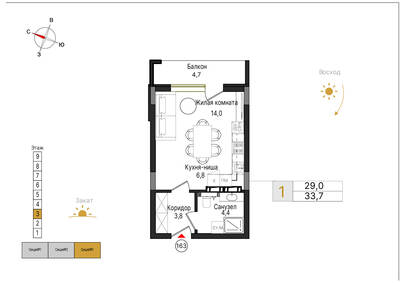 Студия квартира 33,7 м² в ЖК Теодор Кроне, Калининград — фото 1