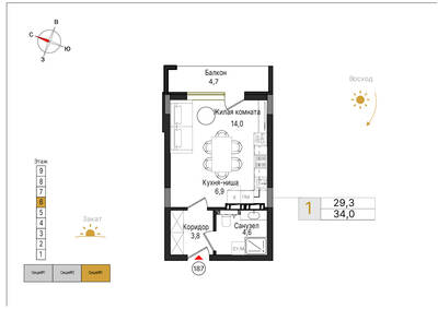 Студия квартира 34 м² в ЖК Теодор Кроне, Калининград — фото 1