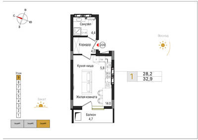 Студия квартира 32,9 м² в ЖК Теодор Кроне, Калининград — фото 1