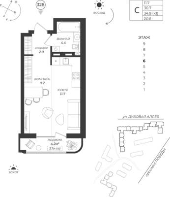 Студия квартира 32,8 м² в ЖК Теодор Кроне, Калининград — фото 1