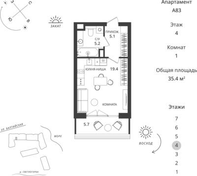 Студия квартира 35,4 м² в ЖК Балтийская Резорт, Светлогорск — фото 1