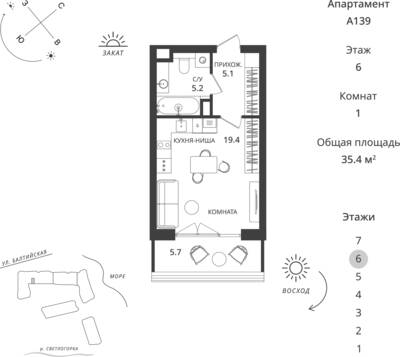 Студия квартира 35,4 м² в ЖК Балтийская Резорт, Светлогорск — фото 1