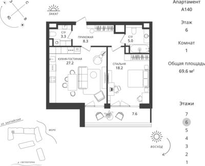 1-комнатная квартира 69,6 м² в ЖК Балтийская Резорт, Светлогорск — фото 1