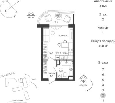 Студия квартира 36,8 м² в ЖК Балтийская Резорт, Светлогорск — фото 1