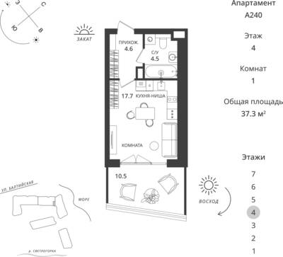 Студия квартира 37,3 м² в ЖК Балтийская Резорт, Светлогорск — фото 1