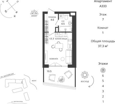 Студия квартира 37,3 м² в ЖК Балтийская Резорт, Светлогорск — фото 1