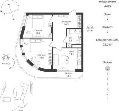2-комнатная квартира 75 м² в ЖК Балтийская Резорт, Светлогорск — фото 1