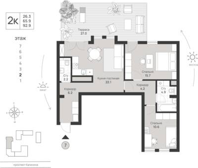2-комнатная квартира 92,9 м² в ЖК Фридланд, Калининград — фото 1