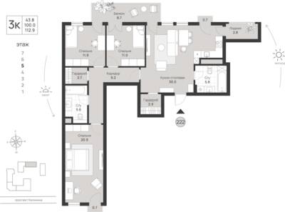 3-комнатная квартира 112,9 м² в ЖК Фридланд, Калининград — фото 1