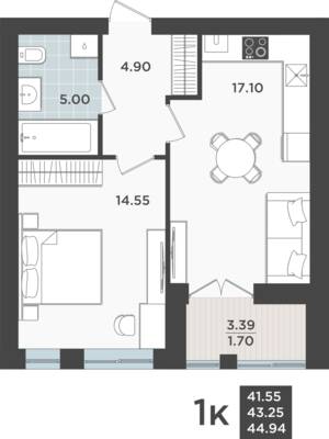 1-комнатная квартира 43,25 м² в ЖК Невский парк, Калининград — фото 1