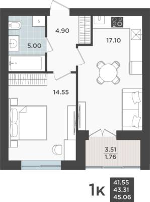 1-комнатная квартира 43,31 м² в ЖК Невский парк, Калининград — фото 1