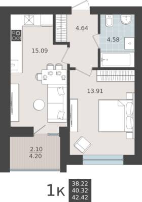 1-комнатная квартира 40,32 м² в ЖК Невский парк, Калининград — фото 1