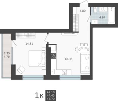 1-комнатная квартира 44,45 м² в ЖК Невский парк, Калининград — фото 1