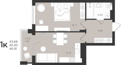 1-комнатная квартира 45,3 м² в ЖК Шелест, Светлогорск — фото 1
