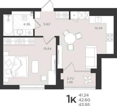 1-комнатная квартира 42,6 м² в ЖК Шелест, Светлогорск — фото 1
