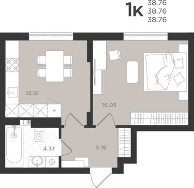 1-комнатная квартира 38,76 м² в ЖК Шелест, Светлогорск — фото 1