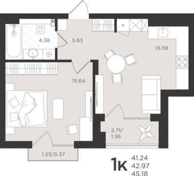 1-комнатная квартира 42,97 м² в ЖК Шелест, Светлогорск — фото 1