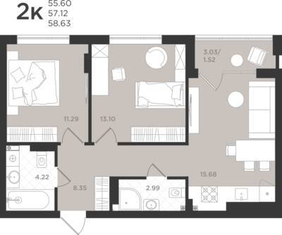 2-комнатная квартира 57,11 м² в ЖК Шелест, Светлогорск — фото 1