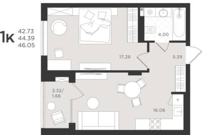 1-комнатная квартира 44,39 м² в ЖК Шелест, Светлогорск — фото 1
