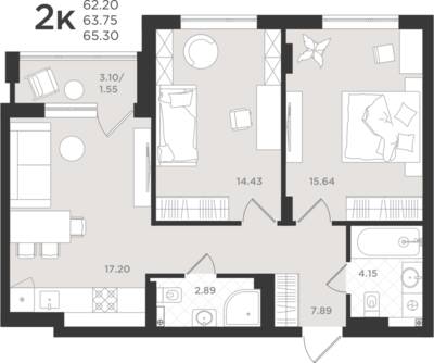 2-комнатная квартира 63,68 м² в ЖК Шелест, Светлогорск — фото 1