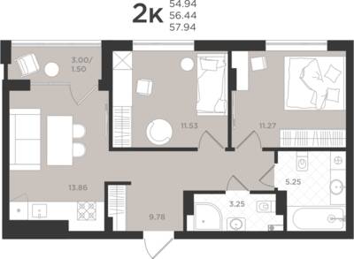 2-комнатная квартира 56,18 м² в ЖК Шелест, Светлогорск — фото 1