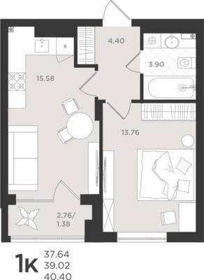 1-комнатная квартира 39,14 м² в ЖК Шелест, Светлогорск — фото 1