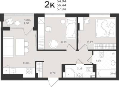 2-комнатная квартира 56,18 м² в ЖК Шелест, Светлогорск — фото 1